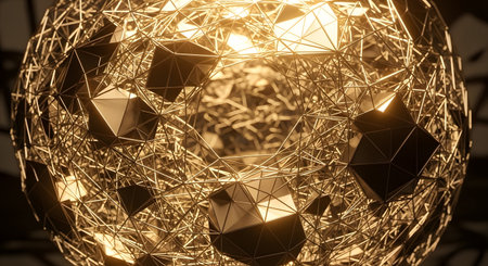 A close-up of a decorative lamp featuring a textured, woven gold surface embedded with multifaceted geometric crystal shapes emitting a warm, inviting light.の素材