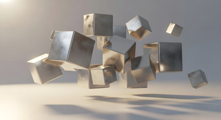 A cluster of polished, angular metallic geometric shapes suspended in a softly lit, minimalist environment with subtle shadows.の素材
