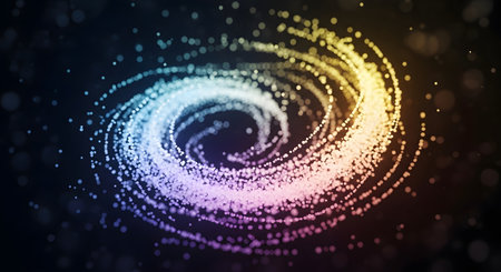 A colorful, swirling nebula resembling a galaxy with bright, glowing particles scattered around a dark background.の素材