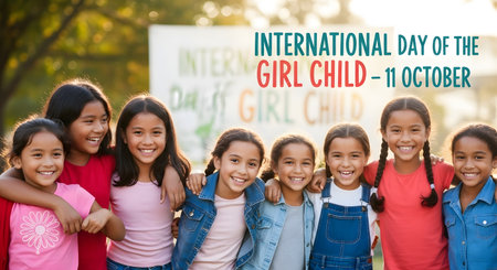 A diverse group of young girls smile and embrace, celebrating International Day of the Girl Child on October 11th.の素材