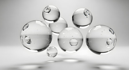 A cluster of translucent, egg-shaped spheres with internal reflections and subtle shadows, floating against a light gray background.の素材
