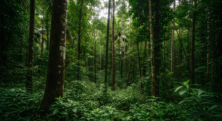 Sunlight filters through a dense, vibrant green tropical rainforest canopy, illuminating lush foliage and hanging vines.の素材