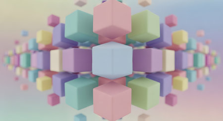 A symmetrical, abstract arrangement of pastel-colored hexagonal shapes creating a spherical, kaleidoscopic effect with a soft, gradient background.の素材