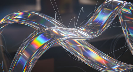 A close-up of a translucent, ribbon-like structure with vibrant rainbow light refractions and a blurred dark background.の素材