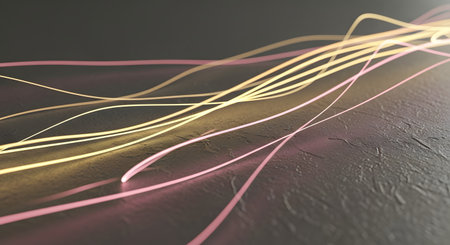 Dynamic streaks of yellow and pink light create an abstract, flowing pattern against a dark background.の素材