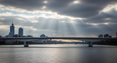 Sunlight streams through dark clouds, illuminating a bridge and city skyline over the River Thames.の素材