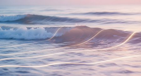 Soft pastel colors of a sunset reflect on the ocean as gentle waves roll and break on the shore.の素材