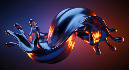 A dynamic, fluid sculpture of metallic liquid splashes, illuminated by intense orange and blue light, creating a vibrant abstract composition.の素材