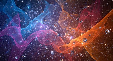 Vibrant, flowing ribbons of purple, blue, and orange light intertwine with a field of sparkling stars and cosmic dust.の素材