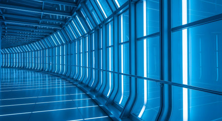 A long, curved tunnel with bright blue and white vertical neon lights creating a sense of depth and futuristic motion.の素材