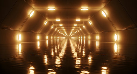A long, dark tunnel with bright, glowing lights reflecting on a wet, mirrored floor, creating a sense of depth and mystery.の素材