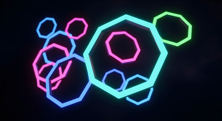 Abstract composition of glowing neon polygons in various shapes and sizes, illuminated against a dark background.の素材