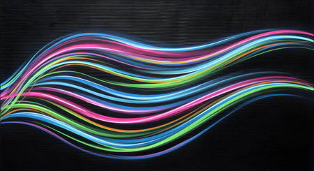 Abstract waves of colorful neon light, including pink, blue, and green, create a dynamic, flowing pattern against a dark, textured surface.の素材
