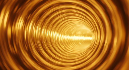 A mesmerizing, abstract view into a golden, spiraling tunnel with bright light emanating from its distant end.の素材