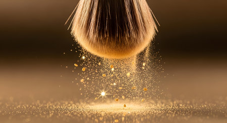 A close-up shot of a makeup brush releasing a cascade of shimmering gold glitter onto a reflective surface.の素材