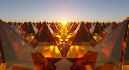 An endless, repeating pattern of golden geometric shapes reflects a bright setting sun, creating a mesmerizing and futuristic vista.の素材