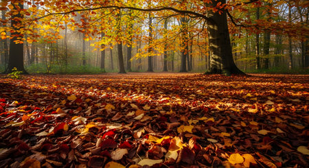 Sunlight streams through autumn trees, illuminating a forest floor carpeted with vibrant red, orange, and yellow fallen leaves.の素材