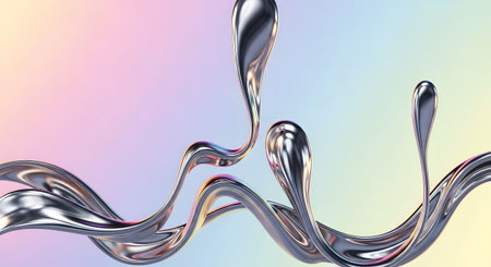 A dynamic, reflective stream of liquid metal twists and turns against a soft, pastel gradient background.の素材