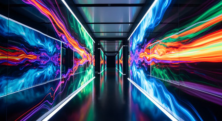 A perspective view down a dark tunnel lined with vibrant, colorful light streaks creating a dynamic and energetic atmosphere.の素材