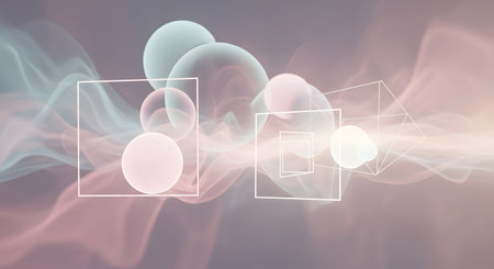 Ethereal, glowing organic shapes with soft pastel colors and subtle geometric frames create a dreamlike, abstract composition.の素材