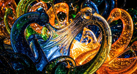 An abstract close-up of swirling, translucent glass with vibrant colors and intricate textures creating a dynamic, organic feel.の素材