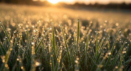 A close-up view of wheat stalks covered in dew drops, illuminated by the warm glow of a rising sun.の素材