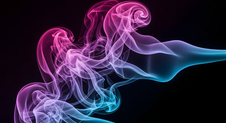 Abstract swirls of pink and blue smoke gracefully dance and twist against a deep black backdrop, creating a mesmerizing visual.の素材