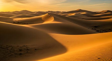 Rolling sand dunes bathed in the warm glow of a setting sun, casting long shadows and highlighting the rippled texture of the sand.の素材