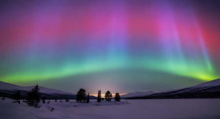 A breathtaking display of the Northern Lights paints the night sky with vibrant hues of purple, pink, and green above a snowy, mountainous terrain with silhouetted people.の素材