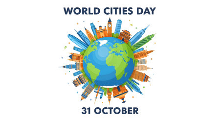 A vibrant illustration celebrating World Cities Day on October 31st, featuring a globe surrounded by colorful city skylines.の素材