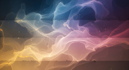 A vibrant abstract image featuring flowing waves of colorful smoke or light against a dark background.の素材