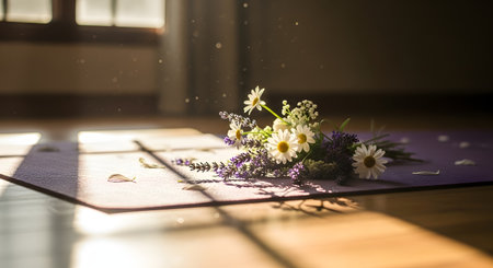 A small bouquet of white flowers rests on a patterned paper, bathed in warm sunlight streaming through a window.の素材