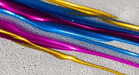 Close-up abstract shot of shiny metallic ribbons in blue, pink, and gold, creating a dynamic diagonal flow against a textured background.の素材