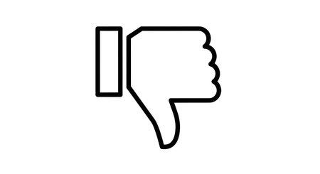 A minimalist black and white line drawing of a hand with the thumb pointing downwards, indicating disapproval or a negative rating.の素材