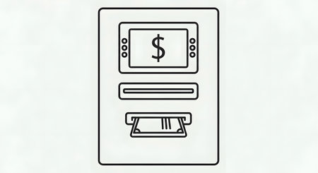 A minimalist line art illustration of an ATM machine, showing the screen with a dollar sign, card slot, and cash dispenser.の素材