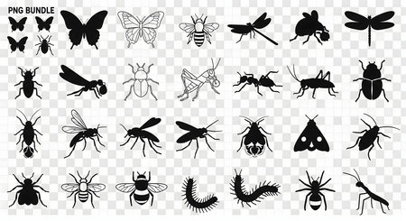 A grid of various black insect silhouettes including butterflies, dragonflies, beetles, ants, and caterpillars on a transparent background.の素材
