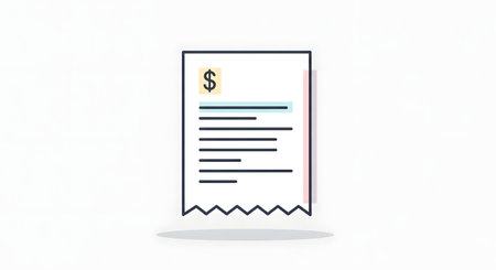 A minimalist illustration of a paper receipt with a dollar sign at the top and lines representing text. It has a jagged bottom edge.の素材
