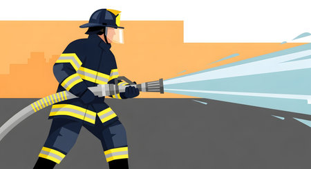 A firefighter wearing a helmet and uniform aims a hose, releasing a powerful stream of water against an orange background.の素材