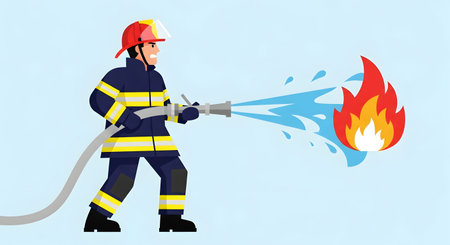 A determined firefighter in full gear sprays water from a hose, battling a bright orange and red flame against a light blue background.の素材