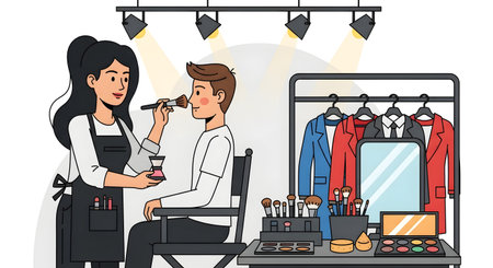 A makeup artist applies makeup to a client's face while surrounded by professional beauty tools and clothing racks.の素材