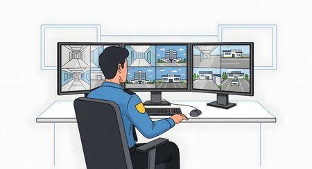 A security guard sits at a desk, actively monitoring numerous live feeds from security cameras displayed across multiple computer monitors.の素材