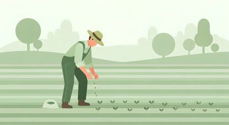 A farmer wearing overalls and a hat works in a field, planting or tending to rows of small green plants. A watering can sits nearby.の素材