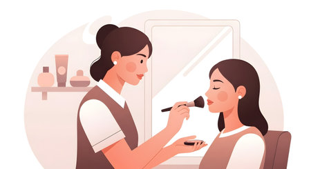 A woman applies makeup to a young girl's face with a brush, in a warm, domestic setting with beauty products visible.の素材