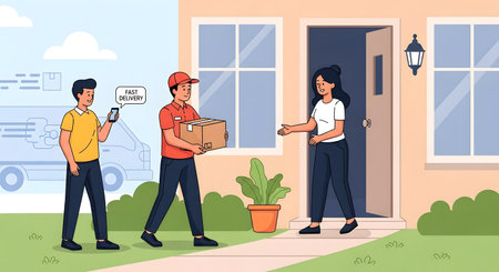 A delivery person hands a package to a woman standing at her open front door, while another person looks at their phone.の素材
