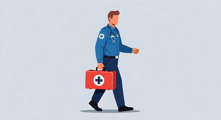 A male paramedic in a blue uniform walks confidently while carrying a red first aid kit with a white cross.の素材