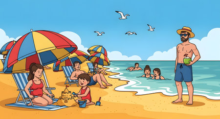 A colorful illustration depicts a lively beach with families relaxing under umbrellas, children playing, and people swimming in the ocean.の素材
