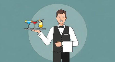 A friendly waiter in a vest and bowtie presents a tray with three vibrant cocktails and a folded white napkin.の素材