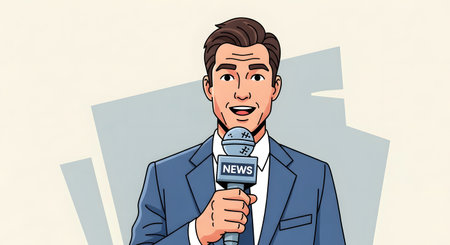A man in a suit holds a microphone with the word NEWS on it, looking directly at the viewer with an open mouth.の素材