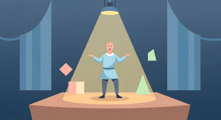 A person stands on a stage under a bright spotlight, surrounded by colorful abstract shapes and stage curtains.の素材