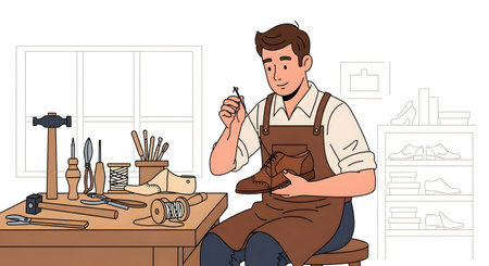 A man in an apron meticulously crafts leather items in a well-equipped workshop, surrounded by tools and materials.の素材